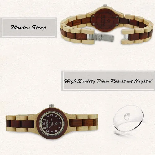 Vista 3 de RORIOS Reloj de madera para mujer, analógico, de cuarzo, con correa de madera, ligero, para mujer