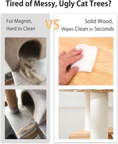 Vista 3 de Árbol de madera para gatos grandes, torre moderna para gatos con estantes anchos, postes rascadores de algodón, base súper resistente, perchas