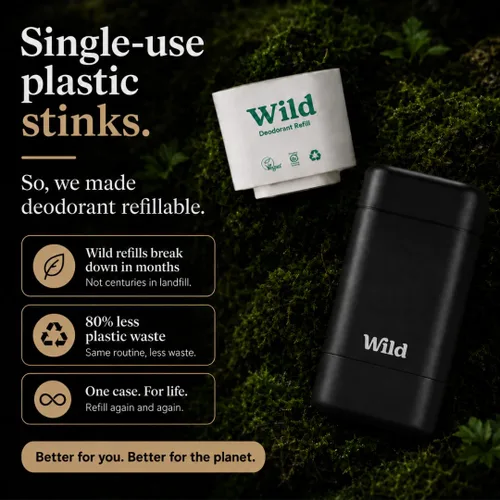 Vista 8 de Wild - Kit de iniciación de desodorante natural sin aluminio, funda negra recargable, ingredientes naturales y protección contra olores las 24