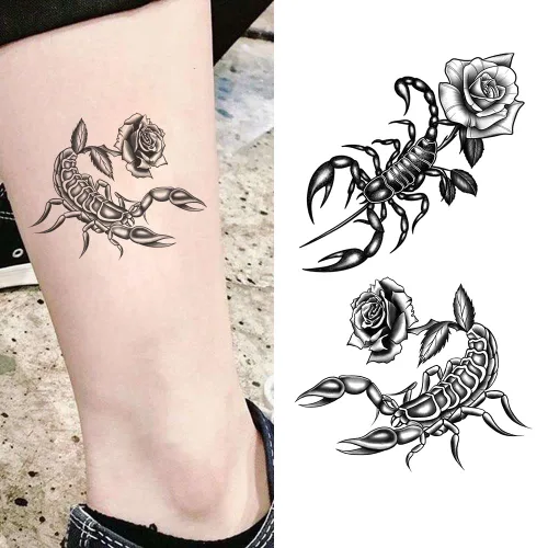 Vista 8 de 2 hojas de tatuajes temporales pequeños de escorpión para adultos, tatuajes falsos de escorpión negro, arte corporal impermeable de larga duración
