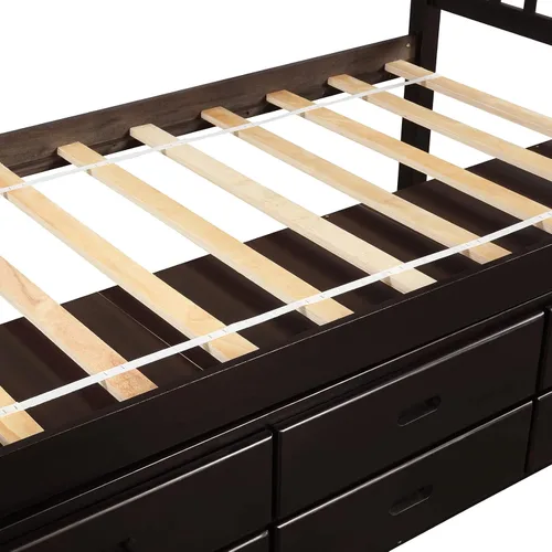 Vista 8 de Cama de almacenamiento de plataforma de tamaño individual, sofá cama de capitán con 6 cajones y base de cama individual con cabecera y estribo
