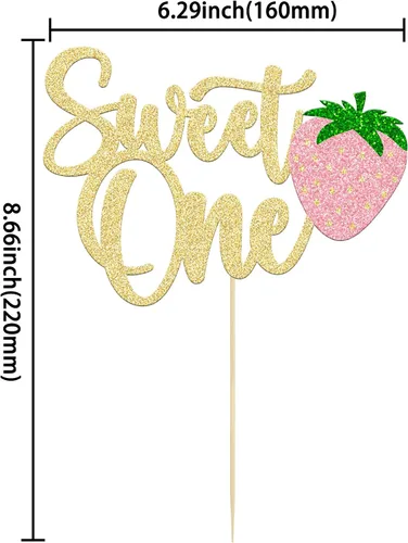 Vista 2 de Gyufise 1 pieza de fresa Sweet One Cake Topper Glitter First Birthday Strawberry Cake Pick para el tema de fruta dulce, baby shower, fiesta