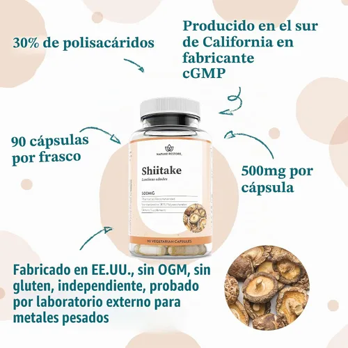 Vista 6 de Nature Restore Suplemento de extracto de hongos Shiitake, 90 cápsulas, alta concentración de polisacárido del 30%, sin OMG, sin gluten