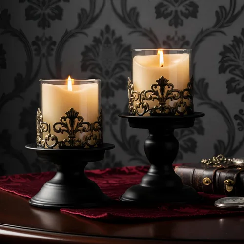 Vista 10 de Portavelas vintage de cristal gótico estilo huracán, base de metal negro con detalles dorados, funda de vidrio transparente, 4.3 x 4 pulgadas, juego