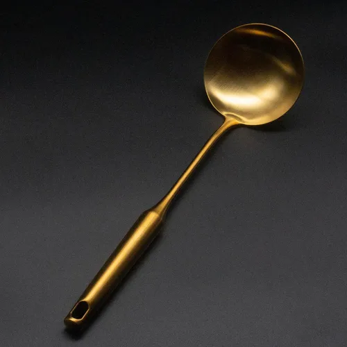 Vista 2 de Cucharón de acero inoxidable Cuchara de cocina Turner - Cucharón de sopa grande Herramienta útil de utensilios de cocina - Oro