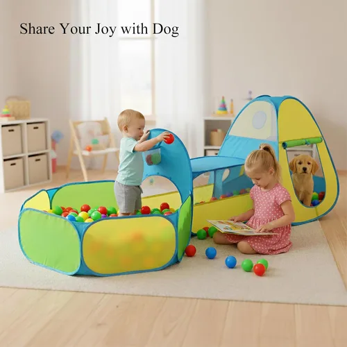 Vista 6 de Tienda de campaña 3 en 1 para niños con túnel y foso de pelotas, casa de juegos emergente para interiores/exteriores para niños y niñas, juguete