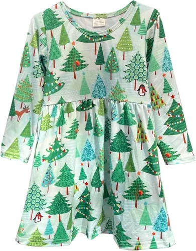 Vista 5 de Vestido de Navidad para niña pequeña, muñeco de nieve, árboles de Navidad, camión, a cuadros, reno, Papá Noel, vestido de invierno hasta la rodilla