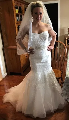 Vista 2 de CSYPJYT Vestido corto de encaje blanco para mujer, velo de novia con peine de 2 niveles, White1