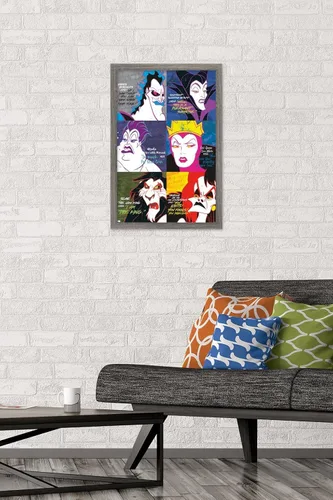 Vista 2 de Trends International Póster de pared con cuadrícula de villanos de Disney, 14.725 x 22.375 pulgadas, versión enmarcada de madera de granero
