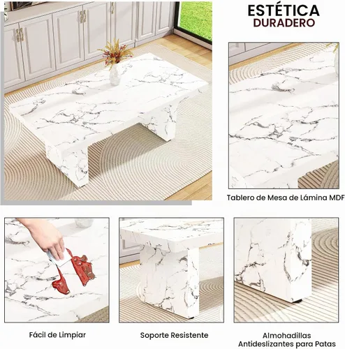 Vista 5 de Ebullient - Juego de mesa de comedor de mármol de 79 pulgadas para 6, mesa con patrón de mármol blanco de 3.5 pulgadas con base de MDF estable