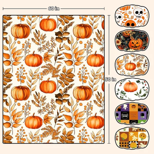 Vista 7 de ROMROL Manta de Halloween, manta de otoño, mullida, acogedora, suave, hojas de calabaza, manta de franela de felpa de forro polar, decoración