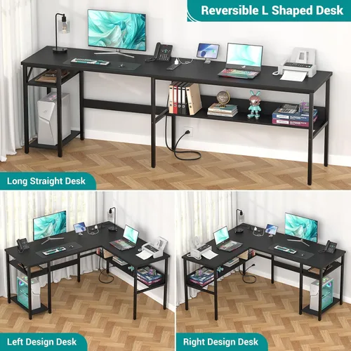 Vista 7 de Escritorio reversible en forma de L para computadora con tomas de corriente y puertos de carga USB, escritorio esquinero resistente con estante