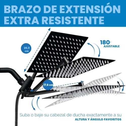 Vista 3 de Cabezal de ducha, cabezal de ducha de lluvia de 8" con combo de rociador de mano y brazo de extensión ajustable/regulador de flujo de 3 vías/sistema