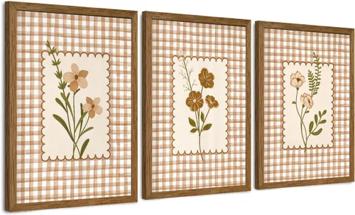 Vista 19 de JLTULT 3 piezas de arte de pared con flores en lienzo con marco, arte de pared de flores en tonos neutros y beige, arte de pared de flores