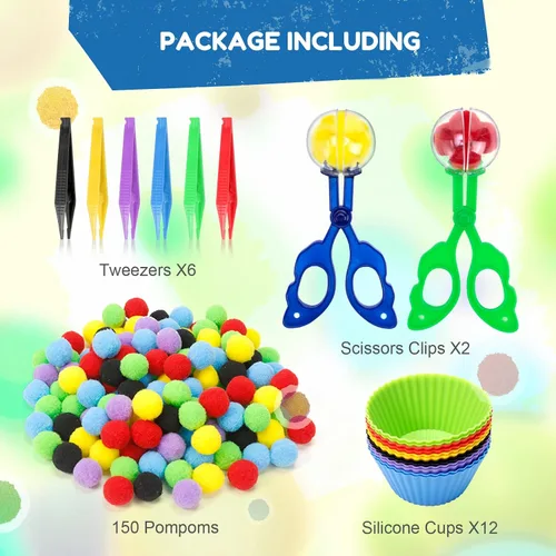Vista 2 de 170 piezas de relleno sensorial de habilidades motoras finas que incluyen 12 cuencos de clasificación, 150 pompones, 6 pinzas, 2 tijeras para niños