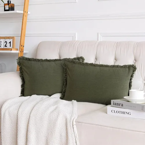 Vista 13 de Paquete de 2 fundas de almohada de lino con borlas con flecos decorativas rústicas naturales para cojín de sofá, sofá, dormitorio 16 x 16 pulgadas
