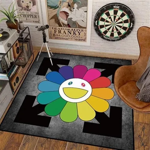 Vista 4 de 100x100cm (40x40 pulgadas) Alfombra de Takashi Murakami con diseño de flores, material suave y duradero para decoración del hogar y uso en la 02