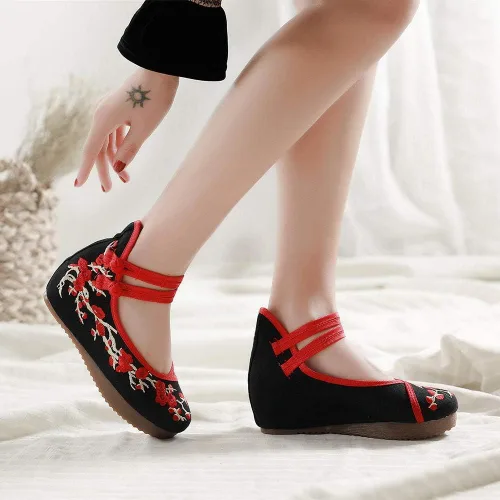 Vista 2 de YYYSHOPP Zapatos planos de lona para mujer, zapatos de plataforma oculta de lona con flor de ciruela, bordados, zapatos casuales con correa