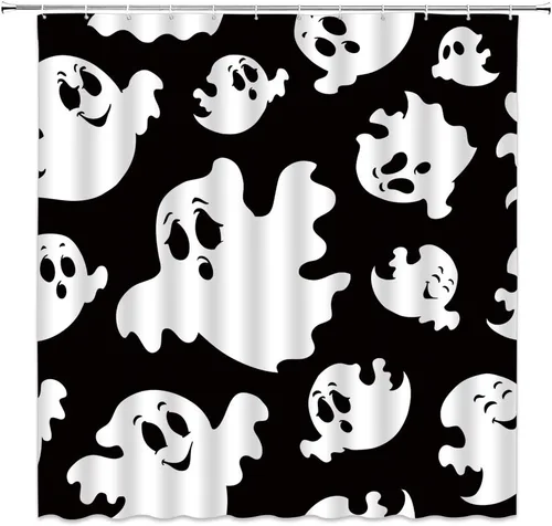 Vista 2 de Bonita cortina de ducha de Halloween, espeluznante y divertida, iconos de fantasmas, arte en blanco y negro, tela de poliéster, juego de decoración