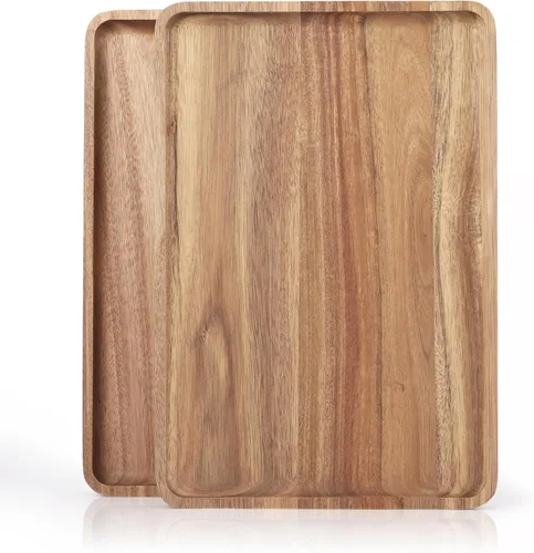 Vista 9 de 2 piezas de bandejas de madera de acacia maciza de 13 x 9 pulgadas, fuentes rectangulares de madera natural para bar, café, fiesta