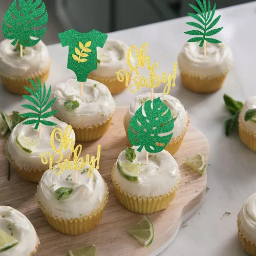Vista 6 de Paquete de 24 adornos para cupcakes Oh Baby – Paleta de hojas de palmera, safari en la selva, Luau, revelación de género, baby shower, niños, fiesta