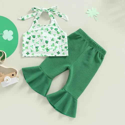 Vista 2 de Conjunto de ropa de verano para niña pequeña, diseño floral, sin mangas, cuello halter, parte inferior acampanada