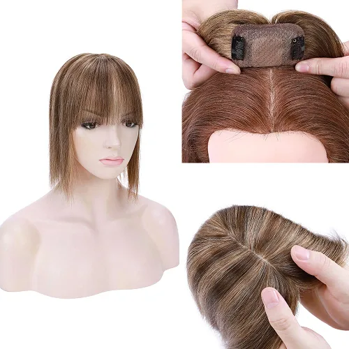 Vista 23 de MY-LADY Top Hairpieces para mujer con flequillo, base mono natural, 100% cabello humano real, clip en pieza de cabello lacio en medio para pérdida