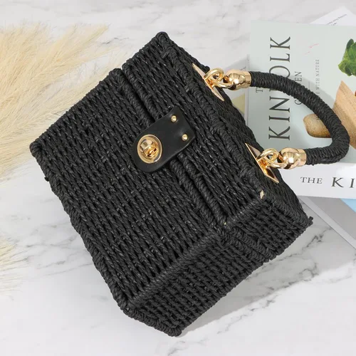 Vista 7 de Fecialy Bolso de mano de ratán tejido a mano para mujer, bolso de mano de paja para playa, bolso cruzado cuadrado bohemio