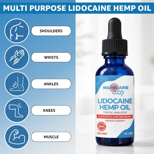 Vista 4 de Aceite de cáñamo de lidocaína 4% – Alivio tópico del dolor de máxima fuerza, aceite calmante de acción rápida para apoyo muscular, articulaciones