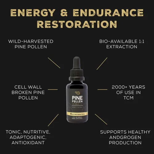 Vista 2 de Surthrival: Extracto de oro de polen de pino (1 onza líquida), cosechado silvestre, restauración de energía