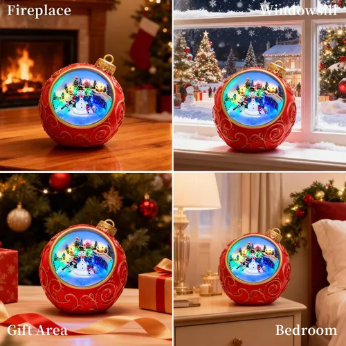 Vista 5 de Figuras musicales animadas de pueblo navideño de 6.3 pulgadas con muñeco de nieve giratorio de esquí y luces, temporizador automático de 6 horas