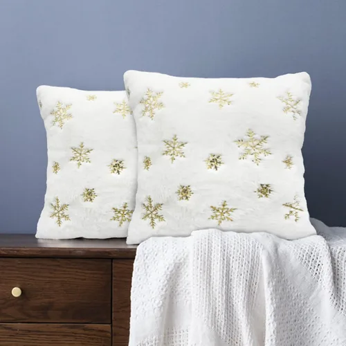 Vista 3 de LIGICKY Juego de 2 fundas de almohada de piel sintética blanca esponjosa con copos de nieve de lentejuelas doradas, decorativas, suaves, peludas
