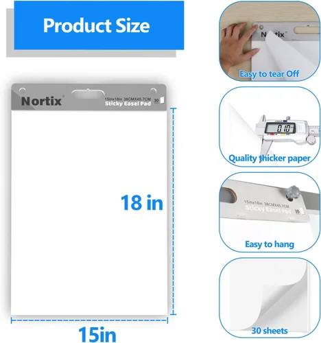 Vista 5 de Nortix Sticky Easel Pads, Flip Chart Paper, 15 x18 inch, 30 Sheets/Pad, 4 Pads, Chart Paper for Teachers,Super Adhesive & Bleed-Resistant, Mini