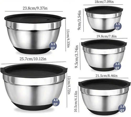 Vista 6 de 8 cuencos para mezclar con tapas herméticas, juego de cuencos de acero inoxidable, fondo antideslizante, cocina negra, hornear y servir