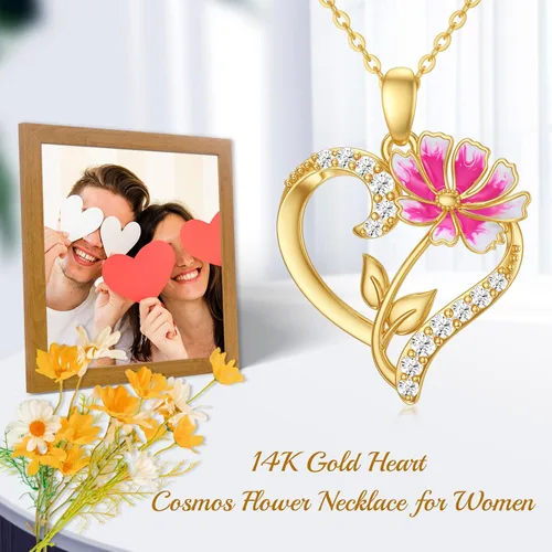 Vista 18 de Collar de flor de nacimiento de oro real de 14 quilates para mujer, oro amarillo creado moissanita con colgante de corazón, collares
