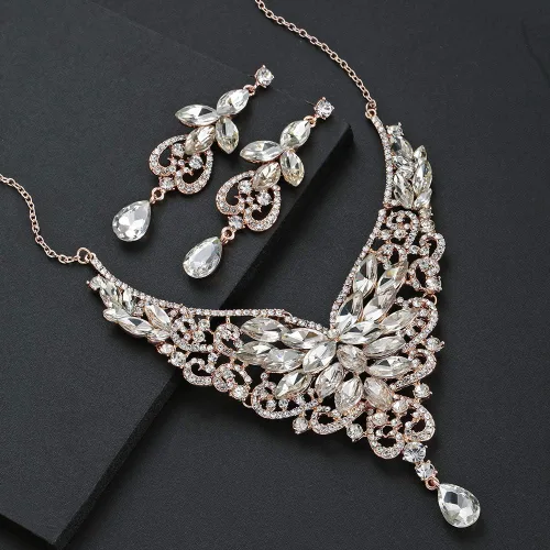 Vista 4 de Hapibuy Juego de joyas de novia para mujer y novia, collar de cristal y aretes colgantes, para vestido de graduación, Cristal, Circonita cúbica