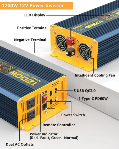 Vista 2 de Inversor de Potencia de Onda Sinusoidal Pura de 1200 Vatios DC 12V a 110V AC Convertidor con Dos Salidas de CA, Puertos USB de Carga Rápida