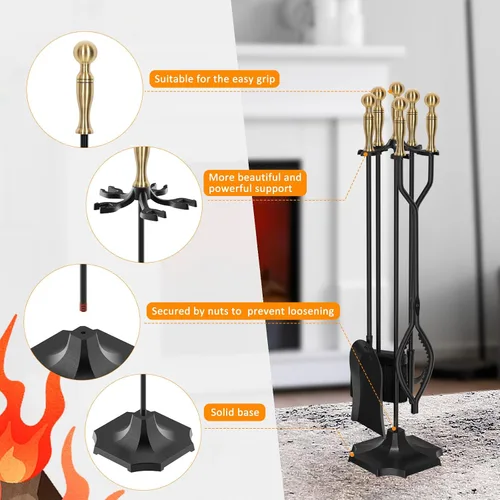 Vista 6 de Juego de herramientas para chimenea de hierro forjado de 31 pulgadas con pinza dentada Antique Bronze Fireplace Tools with Ergonomic Handle