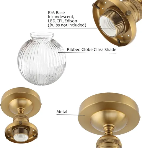 Vista 6 de Pathson Modern Semi Flush Mount Ceiling Light Fixture with Striped Globe Glass Shade, Industrial Ceiling Lighting Lamp for Living Room Foyer Hallway