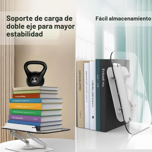 Vista 3 de BYMECOST Soporte de acrílico para lectura, soporte ajustable para libros con base giratoria de 360° y clips elásticos para páginas, soporte elevador