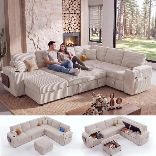Vista 18 de WEUP Sofá cama modular de 111 pulgadas con cama extraíble, sofá de pana de felpa en forma de L de 7 asientos con diván de almacenamiento, puertos