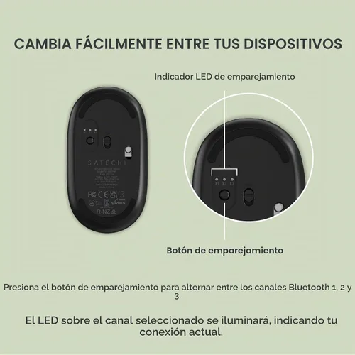 Vista 7 de Satechi OntheGo Mouse Bluetooth con batería recargable USB C, conecta hasta 3 dispositivos, mouse inalámbrico compacto y portátil para laptop, Negro