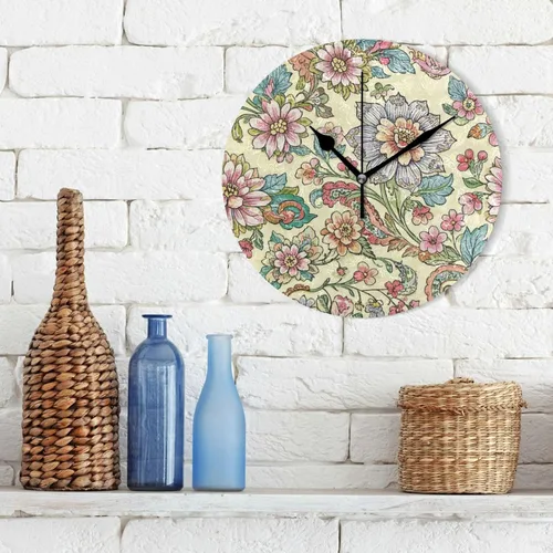 Vista 3 de Vintage Flower Print Beige 10 pulgadas ronda cocina relojes de pared sin tictac ruido único para oficina casa de campo dormitorio relojes de pared