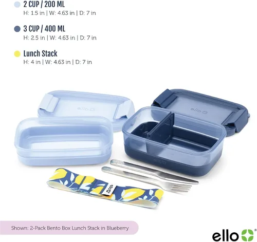 Vista 4 de Ello Juego de 2 contenedores de almacenamiento de alimentos de plástico para lonchera, tipo Bento, con tapas de plástico herméticas, a prueba