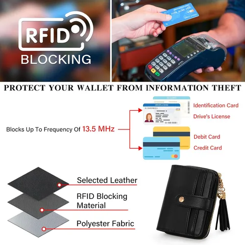 Vista 4 de oscaurt Cartera para mujer pequeña con bloqueo RFID, cartera de dos pliegues con tarjetero para tarjetas de crédito, ventana para identificación