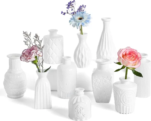 Vista 12 de Juego de 10 jarrones de cristal ámbar, pequeños jarrones de flores para decoración de boda