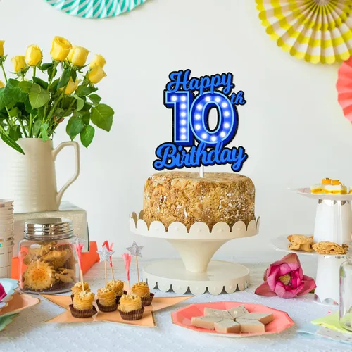 Vista 7 de Decoración de pastel de cumpleaños 10 con purpurina azul Let's Glow Crazy Party Theme Decor Supplies Men Women Happy Birthday 10 Anniversary Party