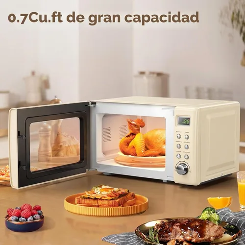 Vista 6 de LDAILY Horno de microondas pequeño retro de 0.7 pies cúbicos, microondas compacto de encimera de 700W con 5 niveles de potencia, menús de cocción