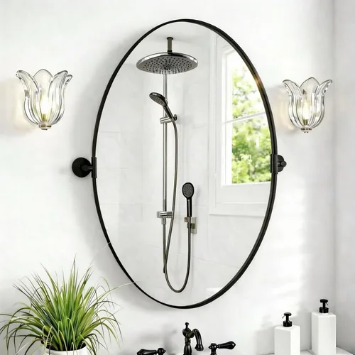 Vista 8 de Espejo ovalado pivote de 19.7 x 27.55 pulgadas, espejos de pared inclinables de metal negro para baño, tocador de sala de estar, marco ajustable