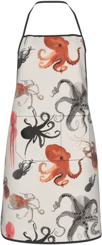 Vista 2 de BREAUX Color Octopus Print Apron, Apron With Pockets, Adjustable Bib Apron, Chef'S Apron, Bbq Apron, White